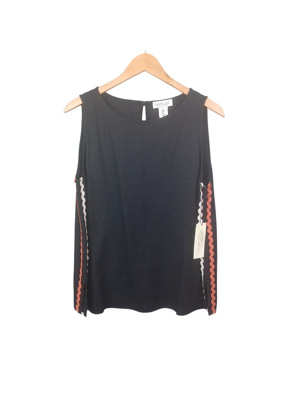 Rachel Zoe Black Linen Blend Tunic Top Size L Ric Rac Trim Breathable Travel NWT